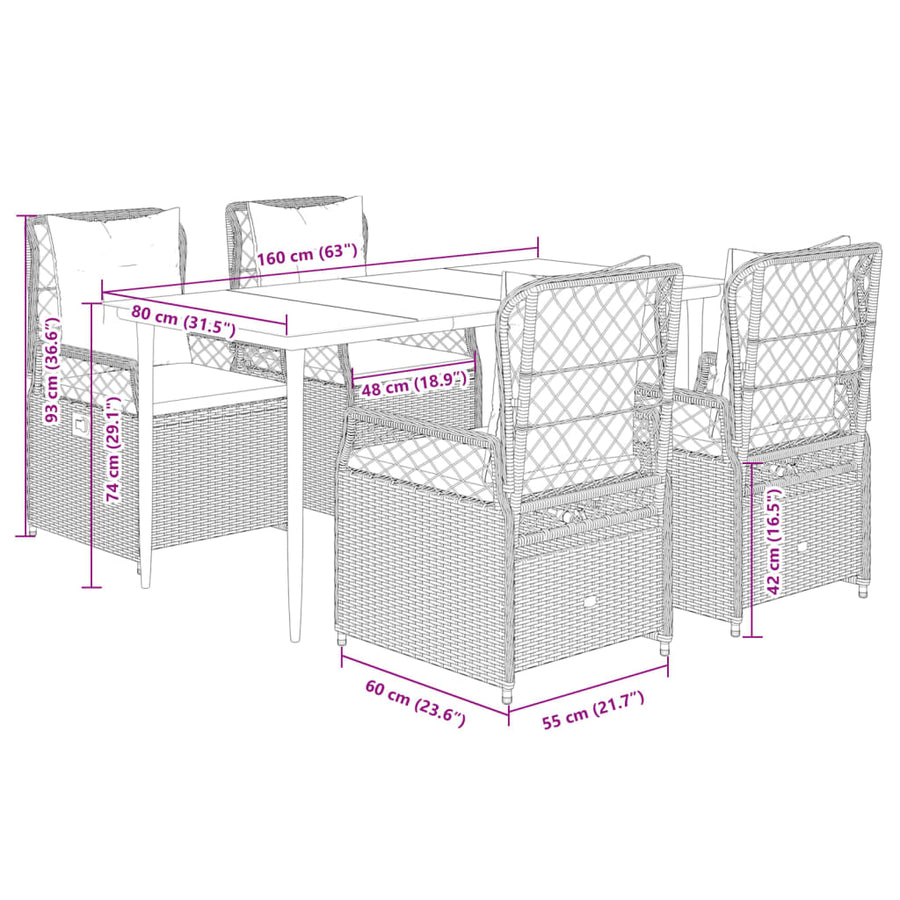 5-delige Tuinset met kussens poly rattan grijs