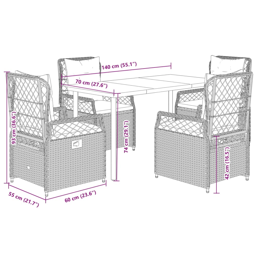 5-Delige Tuinset Met Kussens Poly Rattan 4 140 x 70 x 74 cm Grijs