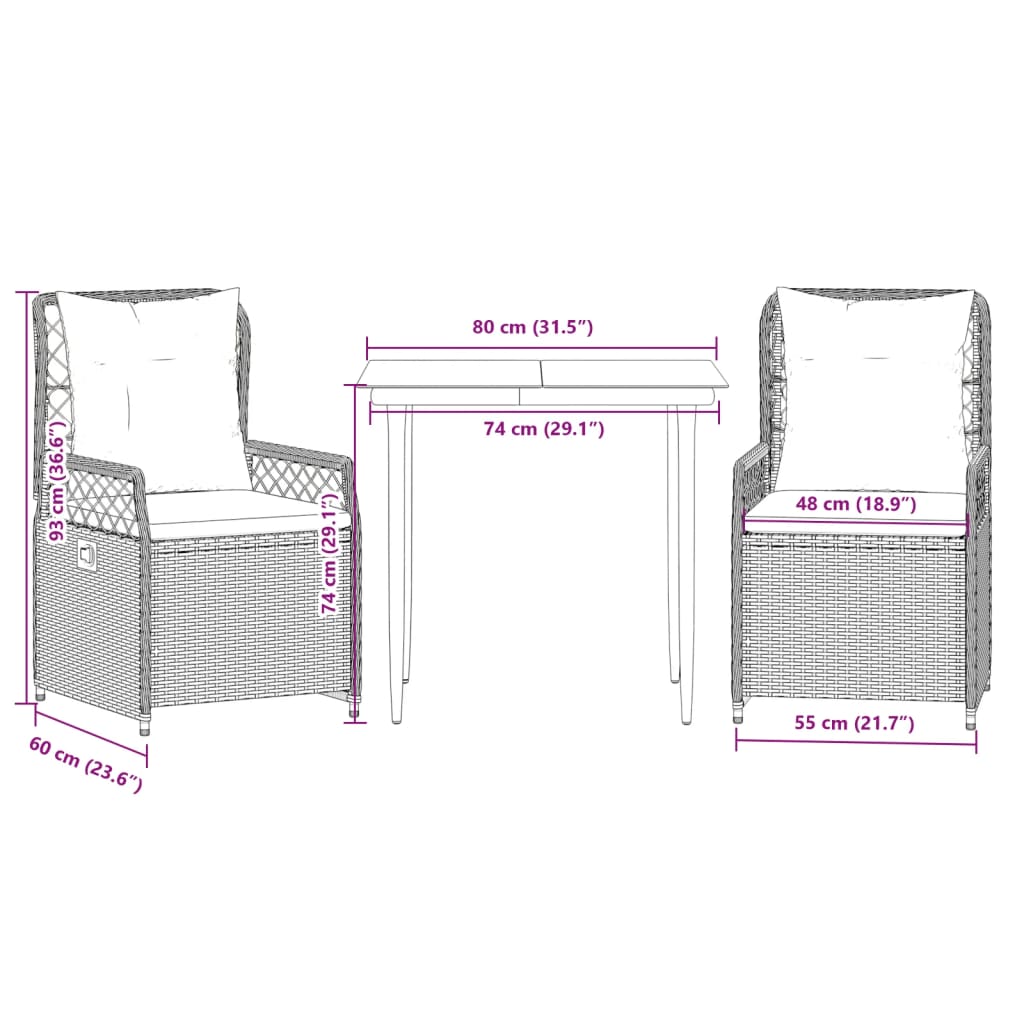 3-delige Tuinset met kussens poly rattan beige