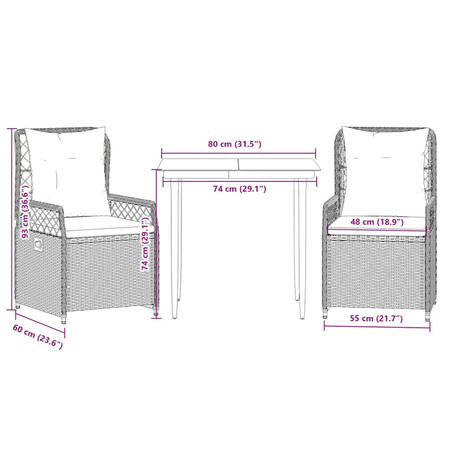 3-delige Tuinset met kussens poly rattan beige