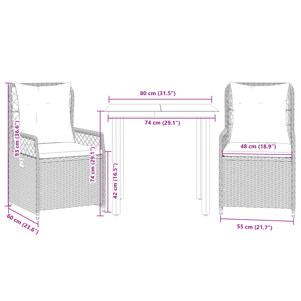 3-delige Tuinset met kussens poly rattan beige