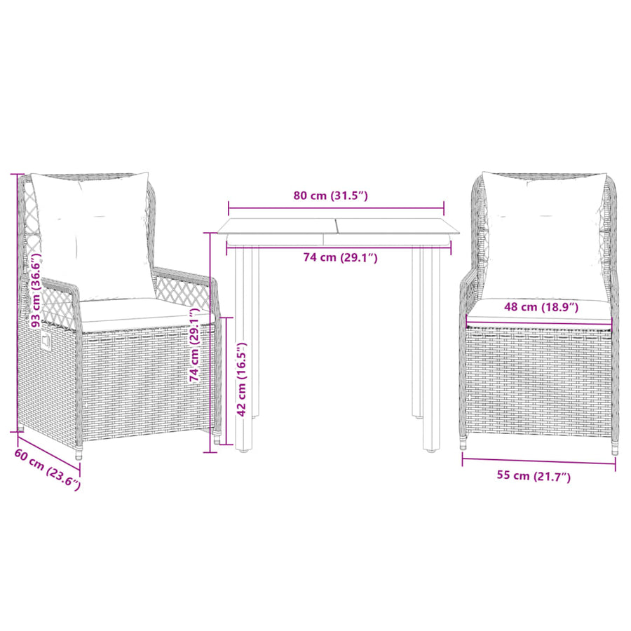 3-delige Tuinset met kussens poly rattan beige