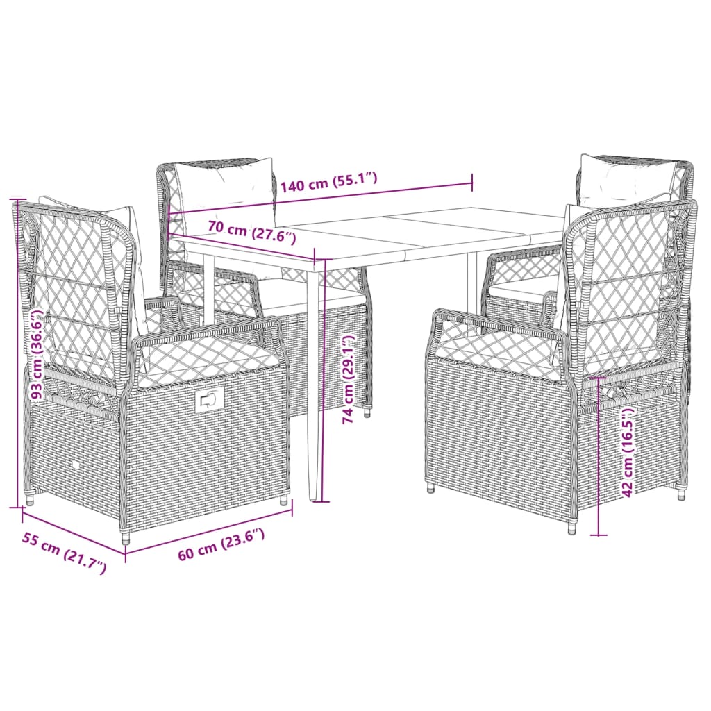 5-Delige Tuinset Met Kussens Poly Rattan 4 140 x 70 x 74 cm beige en crèmewit