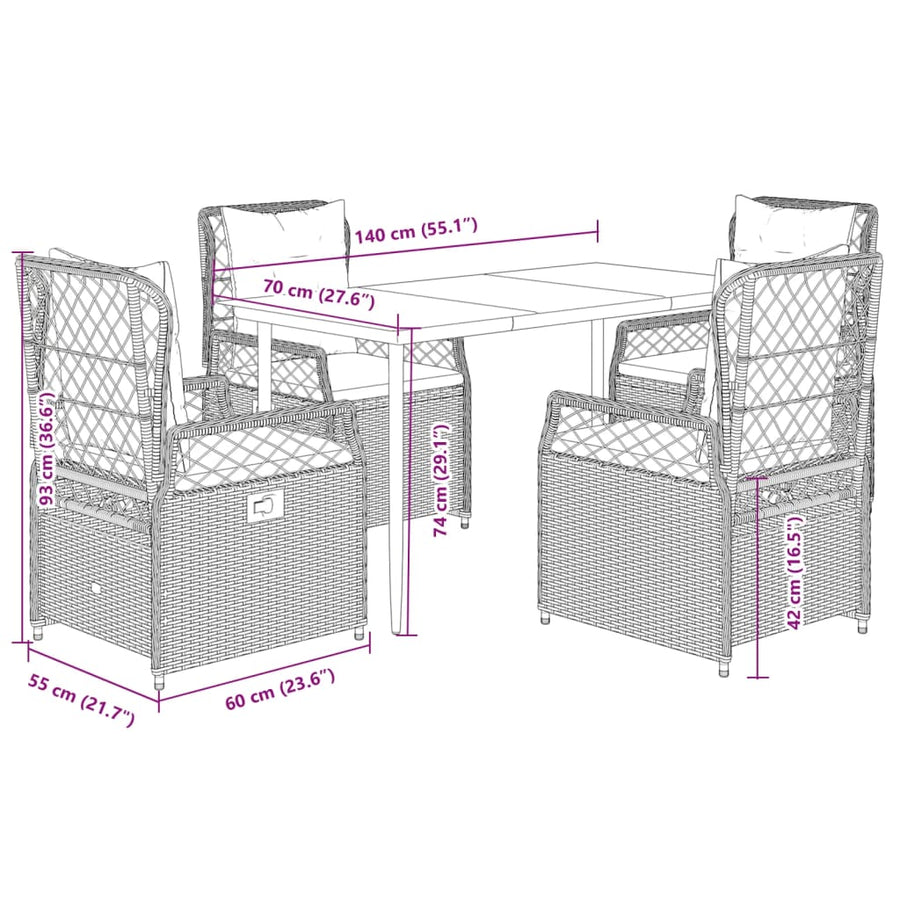 5-Delige Tuinset Met Kussens Poly Rattan 4 140 x 70 x 74 cm beige en crèmewit