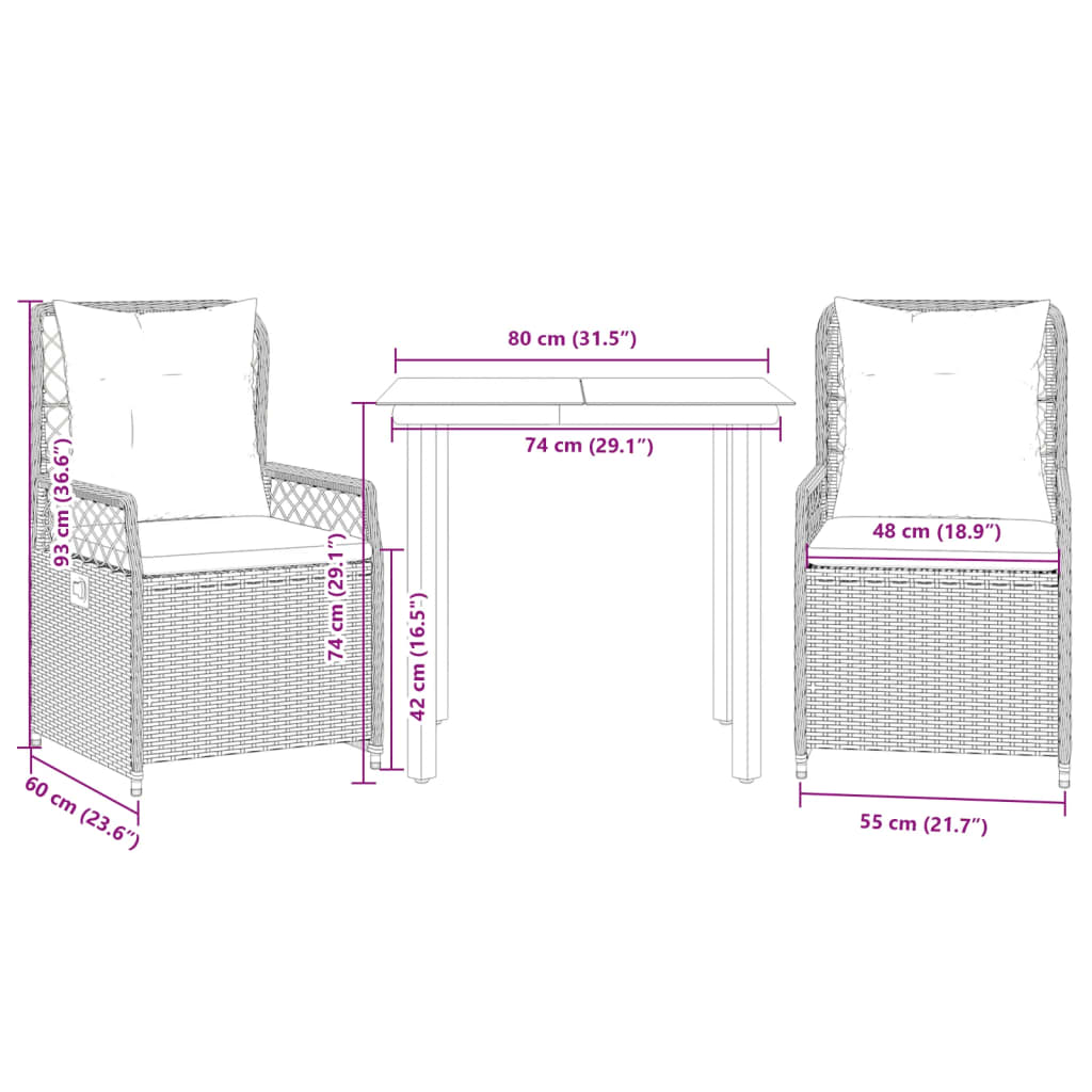 3-delige Tuinset met kussens poly rattan beige