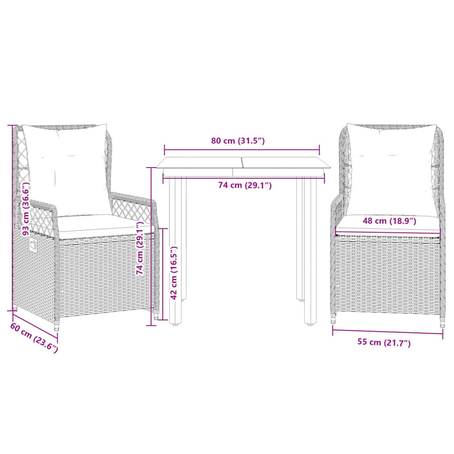 3-delige Tuinset met kussens poly rattan beige
