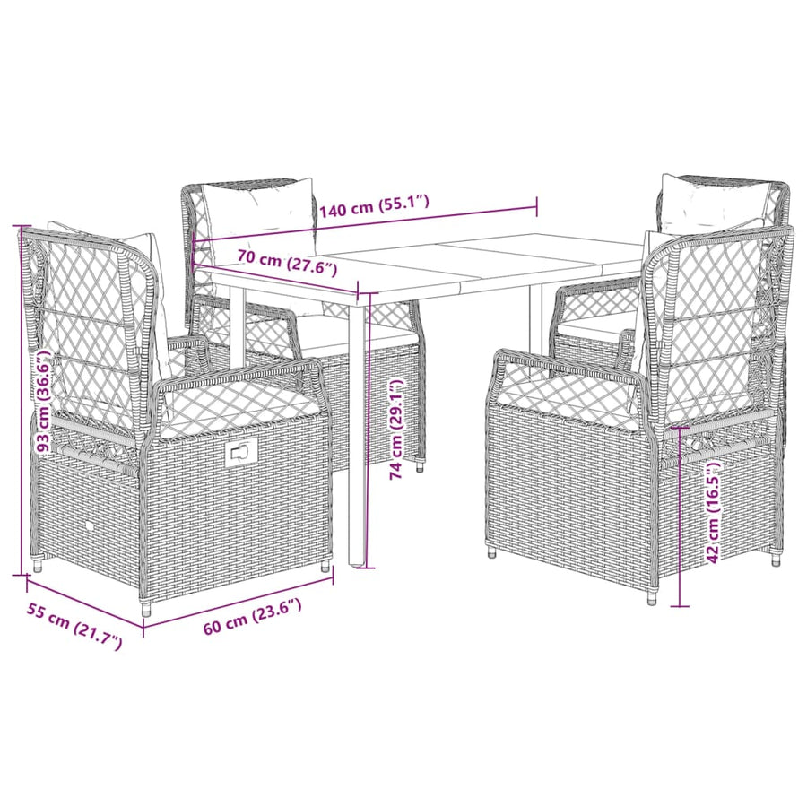 5-Delige Tuinset Met Kussens Poly Rattan 4 140 x 70 x 74 cm beige en crèmewit
