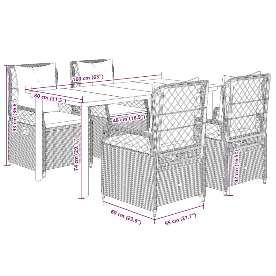 5-delige Tuinset met kussens poly rattan beige