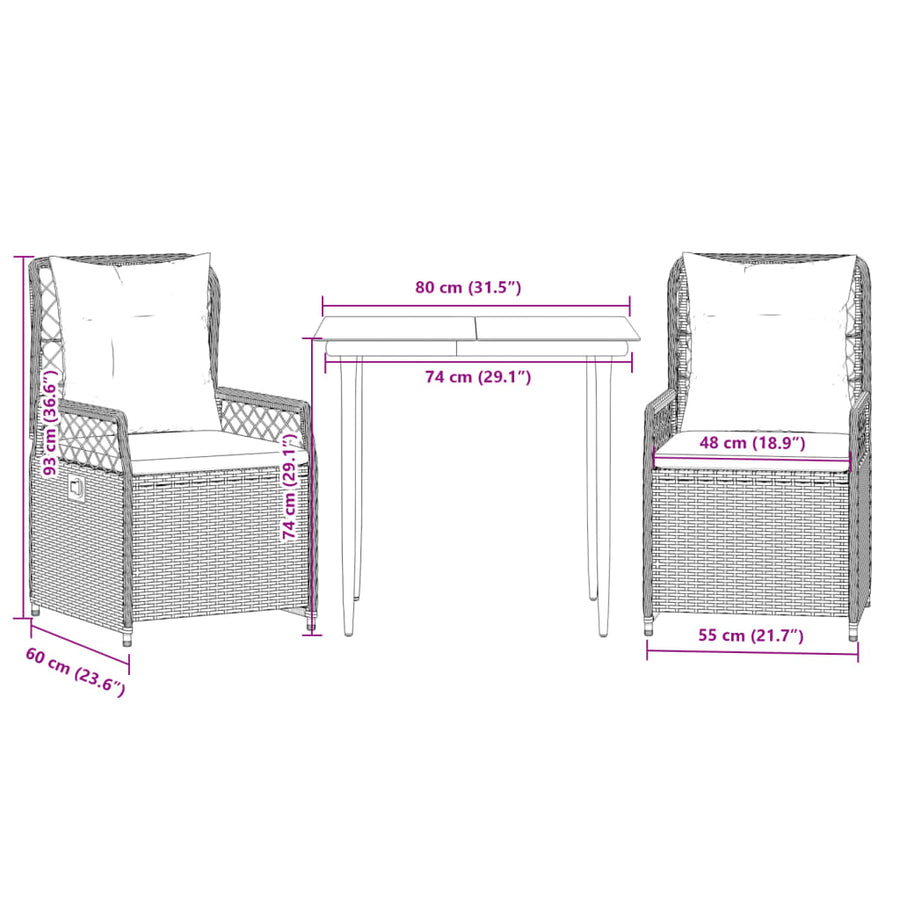 3-delige Tuinset met kussens poly rattan lichtgrijs