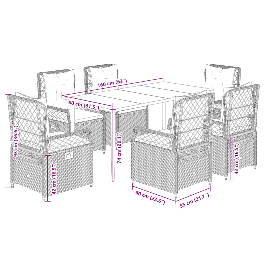 7-delige Tuinset met kussens poly rattan grijs