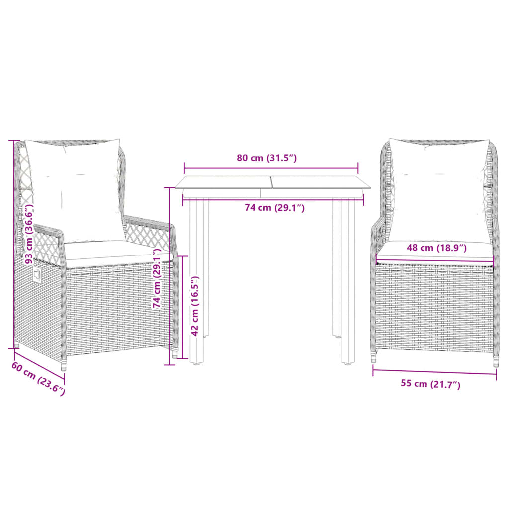 3-delige Tuinset met kussens poly rattan lichtgrijs