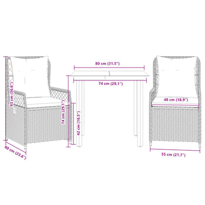 3-delige Tuinset met kussens poly rattan lichtgrijs