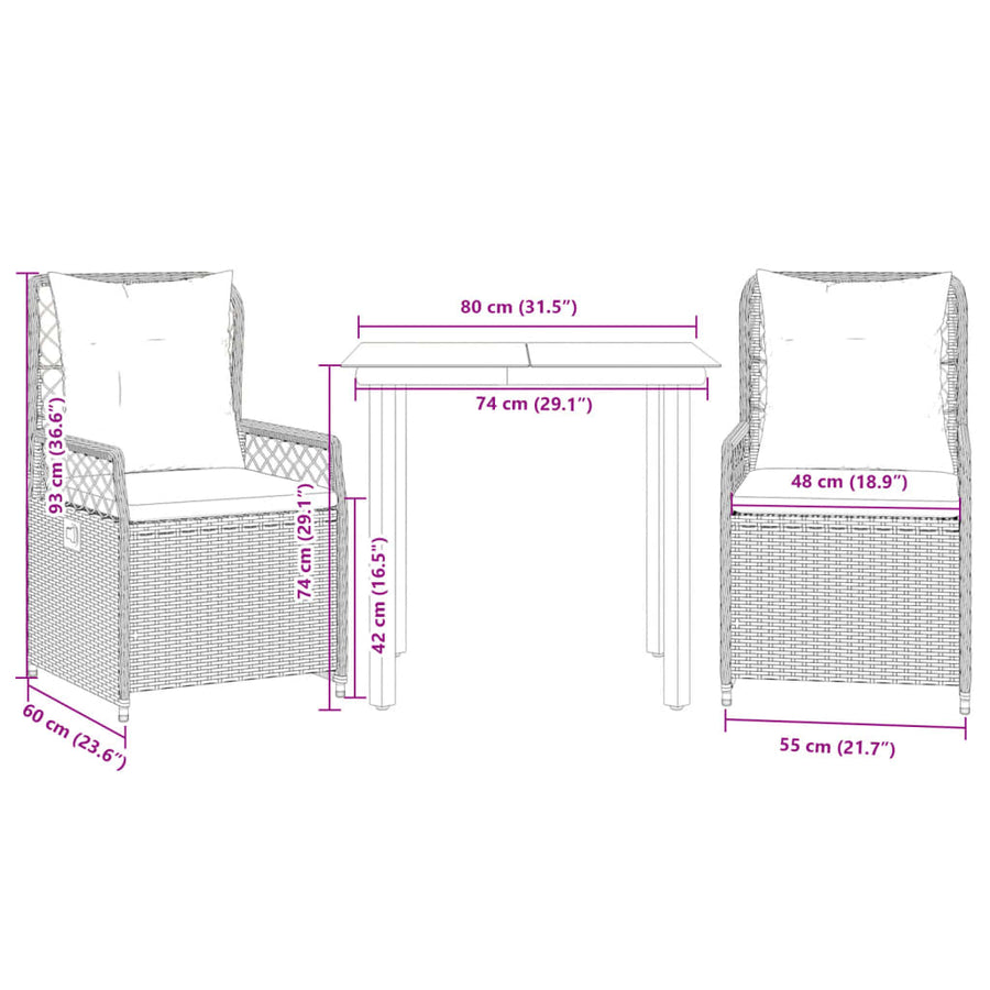 3-delige Tuinset met kussens poly rattan lichtgrijs
