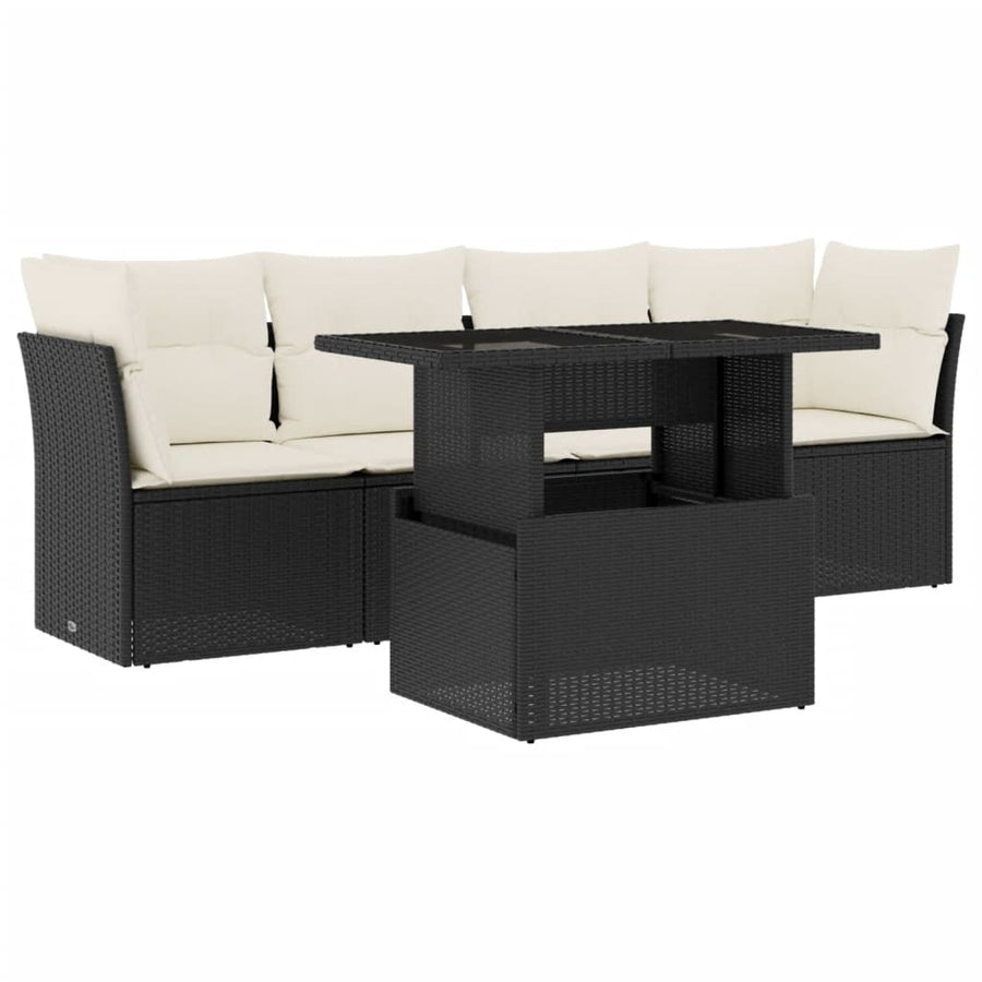 5-delige Loungeset met kussens poly rattan zwart