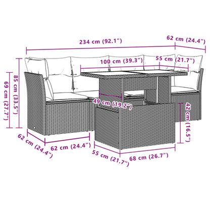 5-delige Loungeset met kussens poly rattan zwart