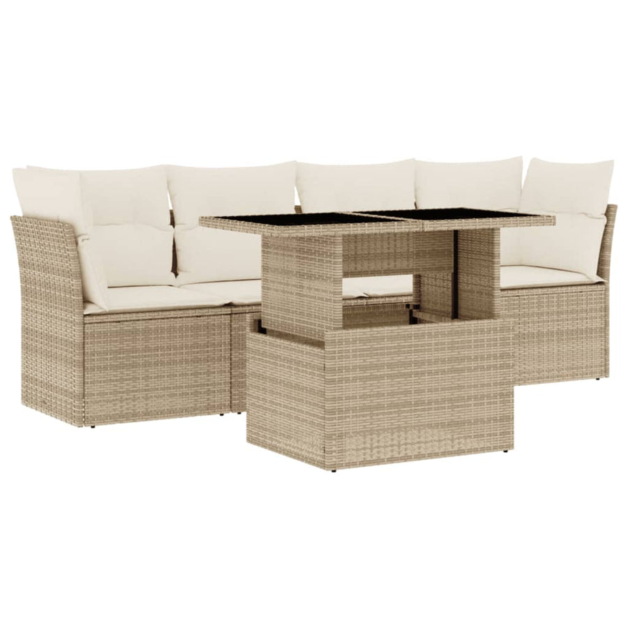 5-delige Loungeset met kussens poly rattan beige