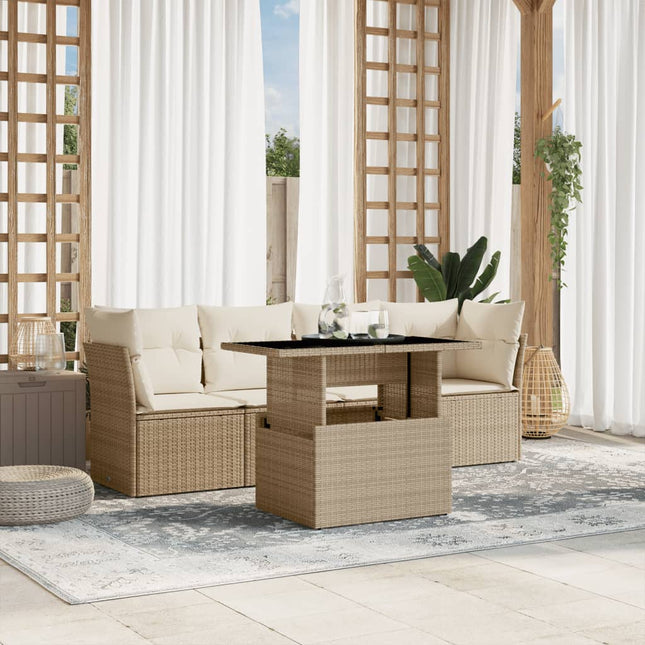 5-delige Loungeset met kussens poly rattan beige