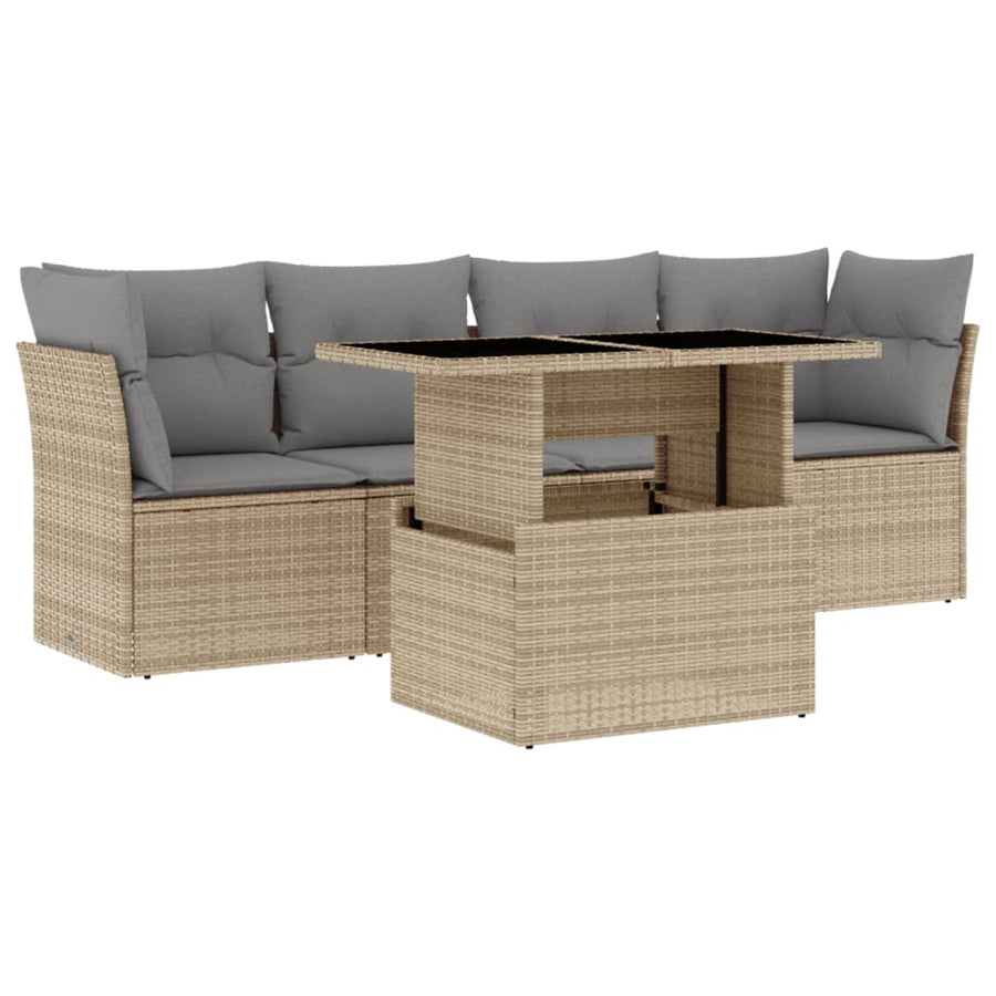 5-delige Loungeset met kussens poly rattan beige