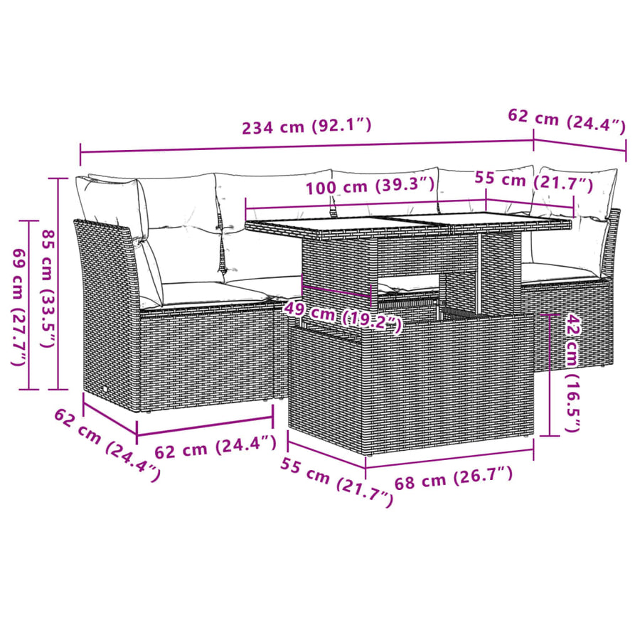 5-delige Loungeset met kussens poly rattan beige