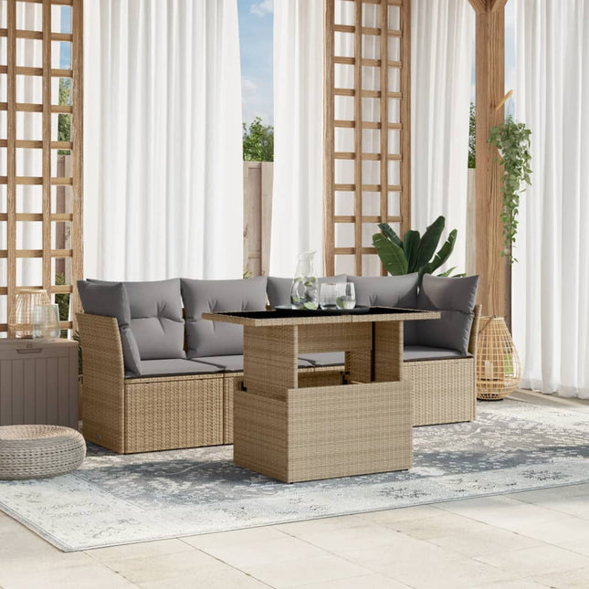 5-delige Loungeset met kussens poly rattan beige