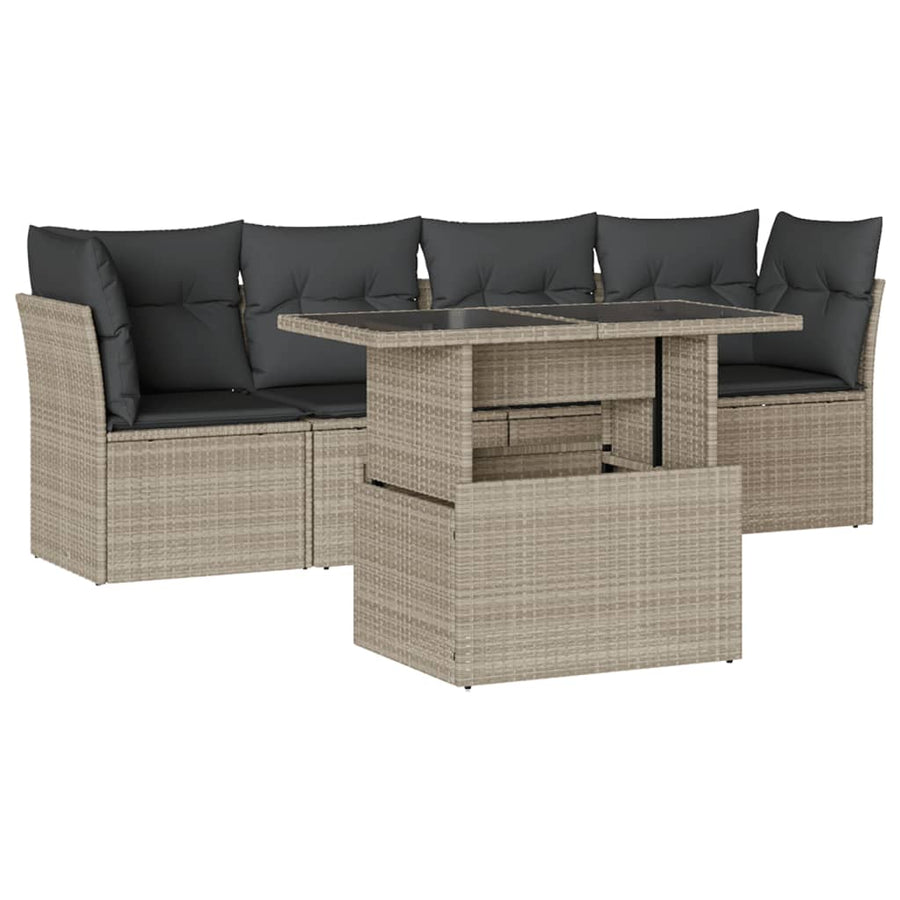 5-delige Loungeset met kussens poly rattan lichtgrijs