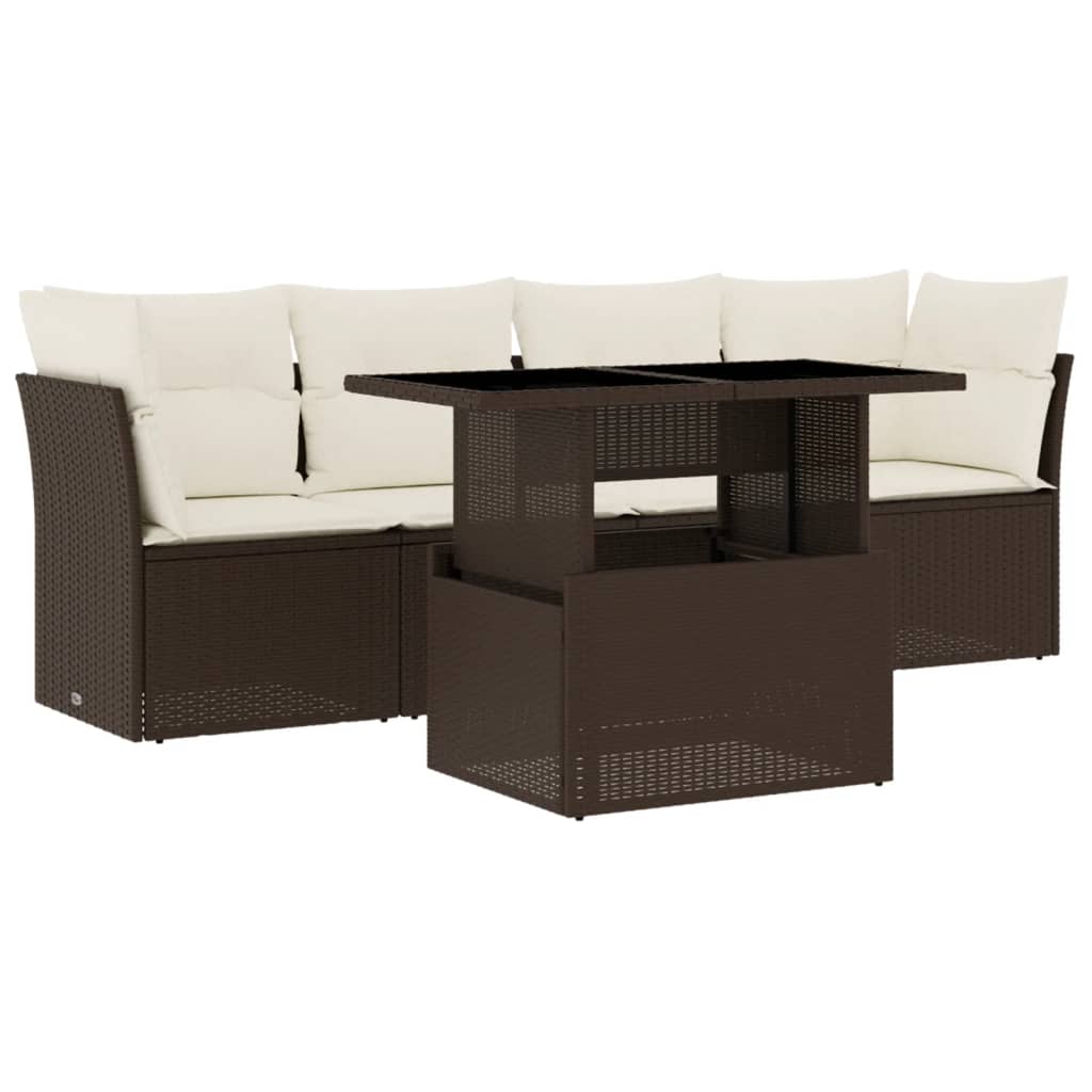5-delige Loungeset met kussens poly rattan bruin