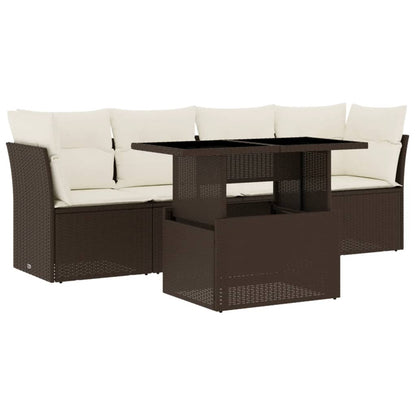 5-delige Loungeset met kussens poly rattan bruin