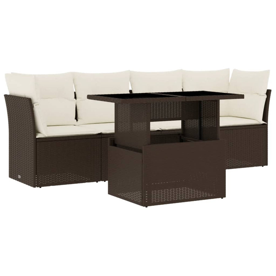 5-delige Loungeset met kussens poly rattan bruin