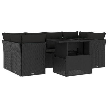 7-delige Loungeset met kussens poly rattan zwart