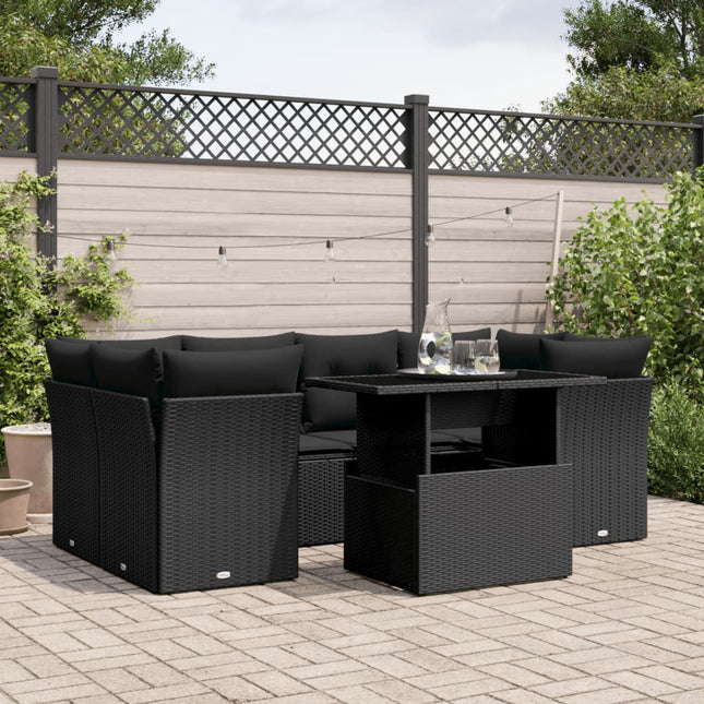 7-delige Loungeset met kussens poly rattan zwart