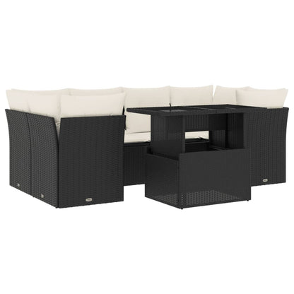 7-delige Loungeset met kussens poly rattan zwart