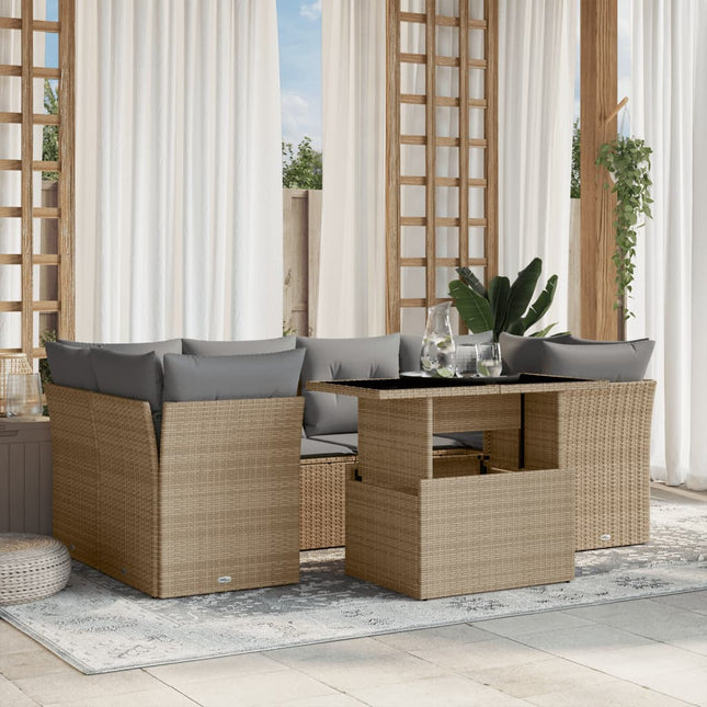 7-delige Loungeset met kussens poly rattan beige