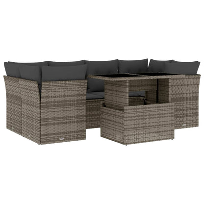 7-delige Loungeset met kussens poly rattan grijs