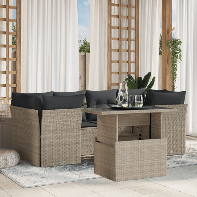 7-delige Loungeset met kussens poly rattan lichtgrijs