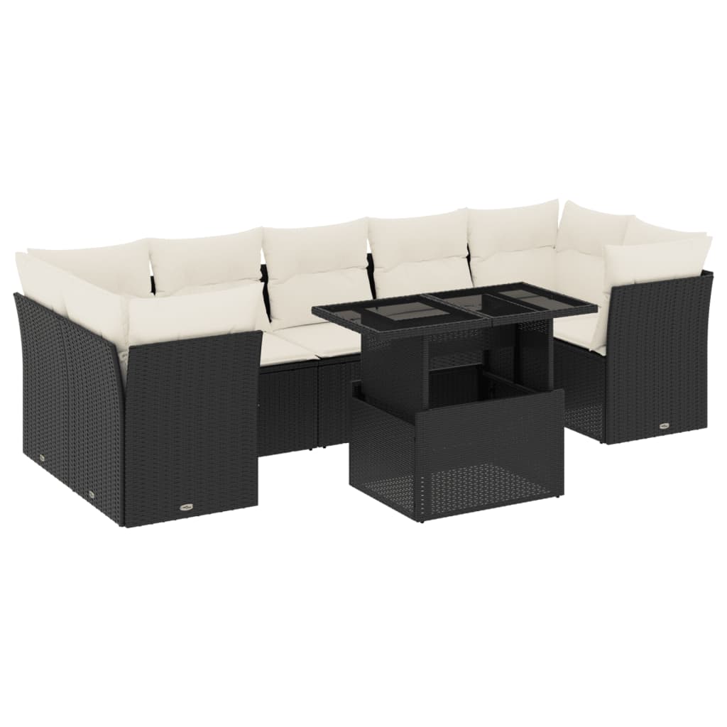 8-delige Loungeset met kussens poly rattan zwart