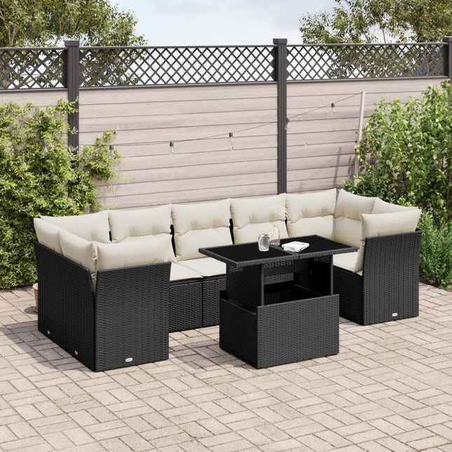 8-delige Loungeset met kussens poly rattan zwart