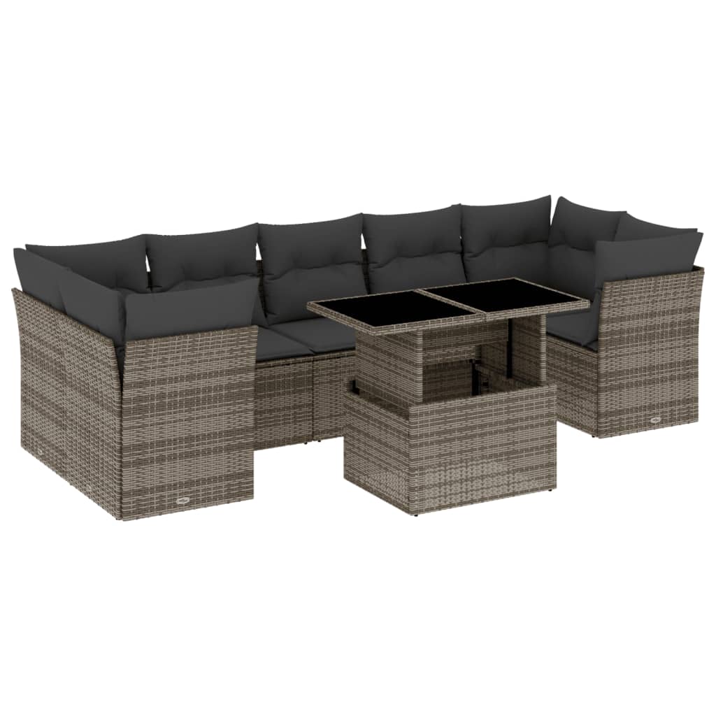 8-delige Loungeset met kussens poly rattan grijs
