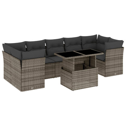 8-delige Loungeset met kussens poly rattan grijs