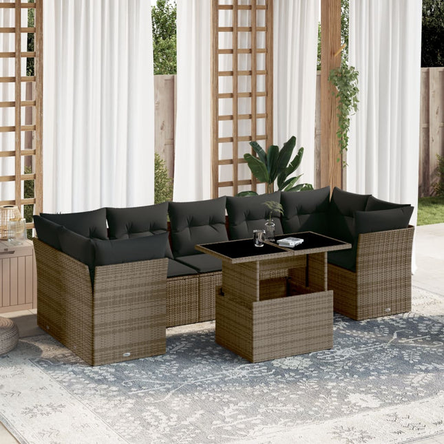 8-delige Loungeset met kussens poly rattan grijs