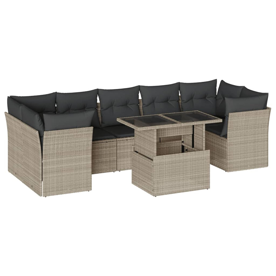 8-delige Loungeset met kussens poly rattan lichtgrijs