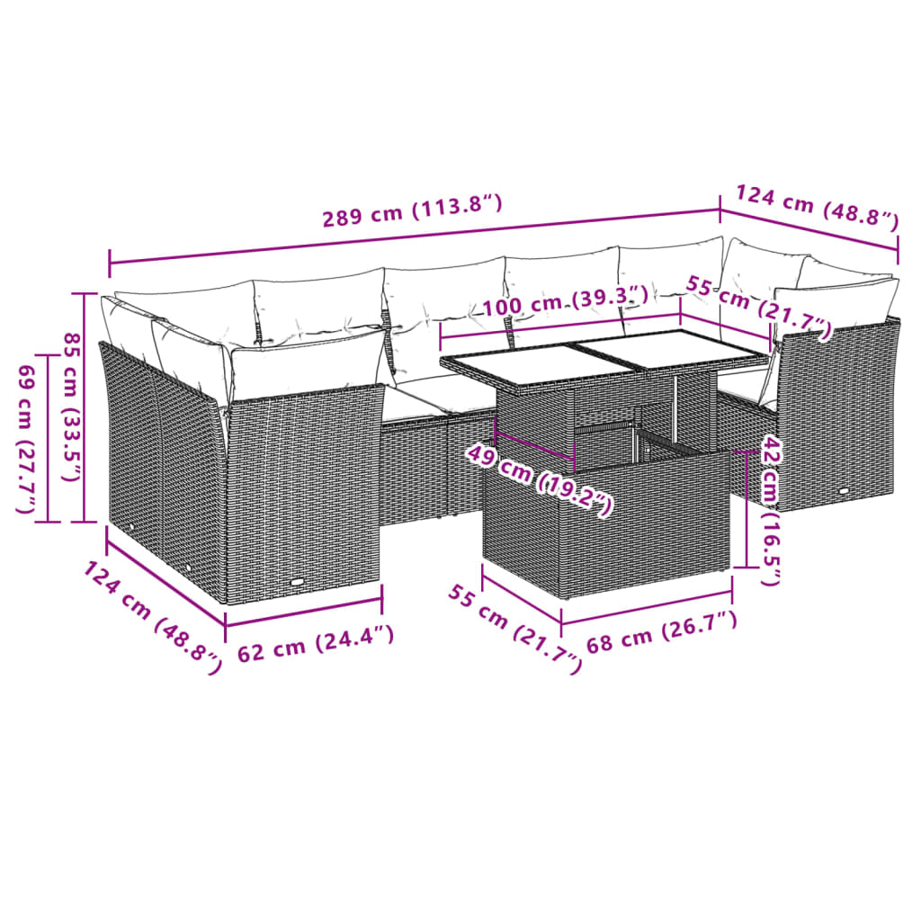 8-delige Loungeset met kussens poly rattan lichtgrijs