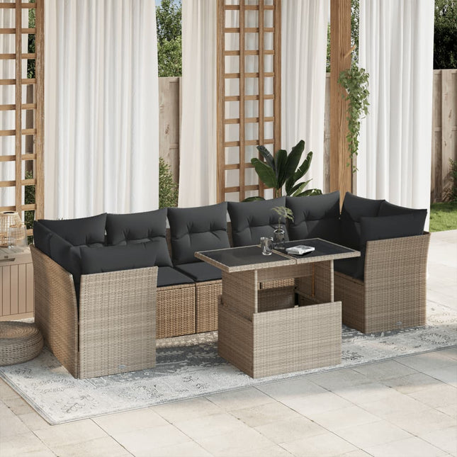 8-delige Loungeset met kussens poly rattan lichtgrijs