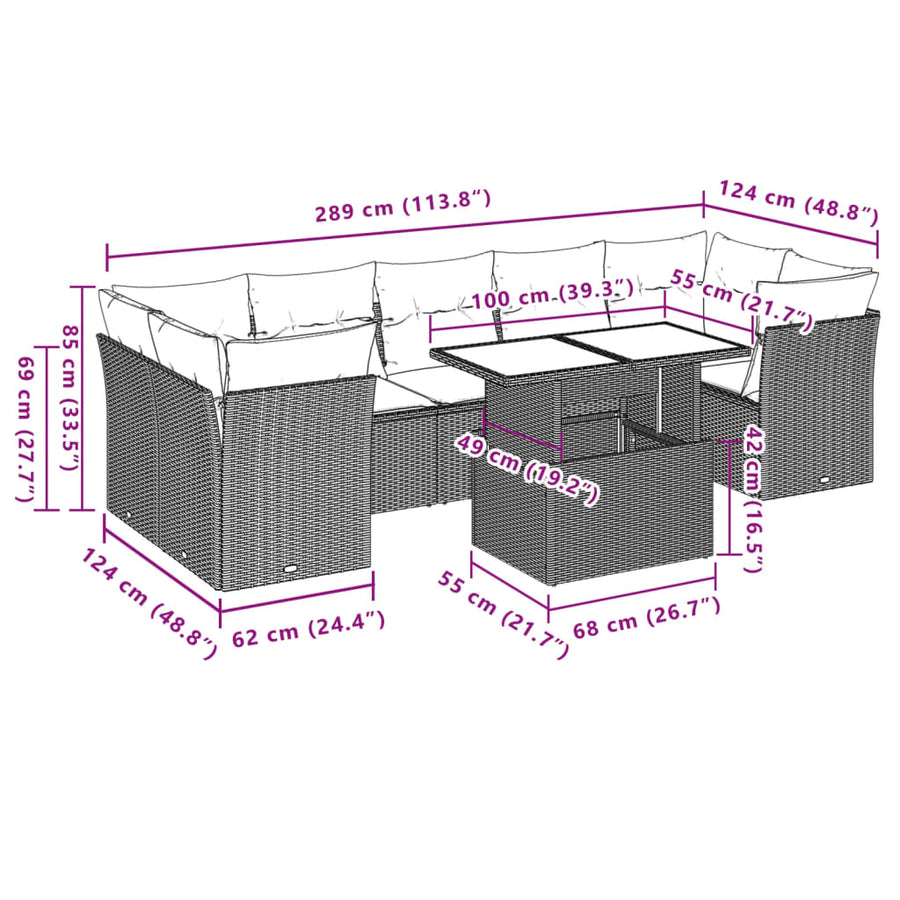 8-delige Loungeset met kussens poly rattan bruin