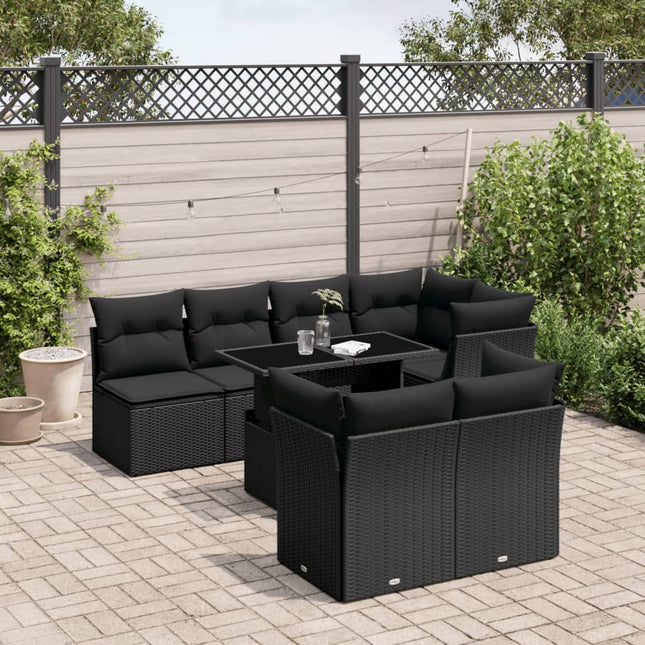 8-delige Loungeset met kussens poly rattan zwart