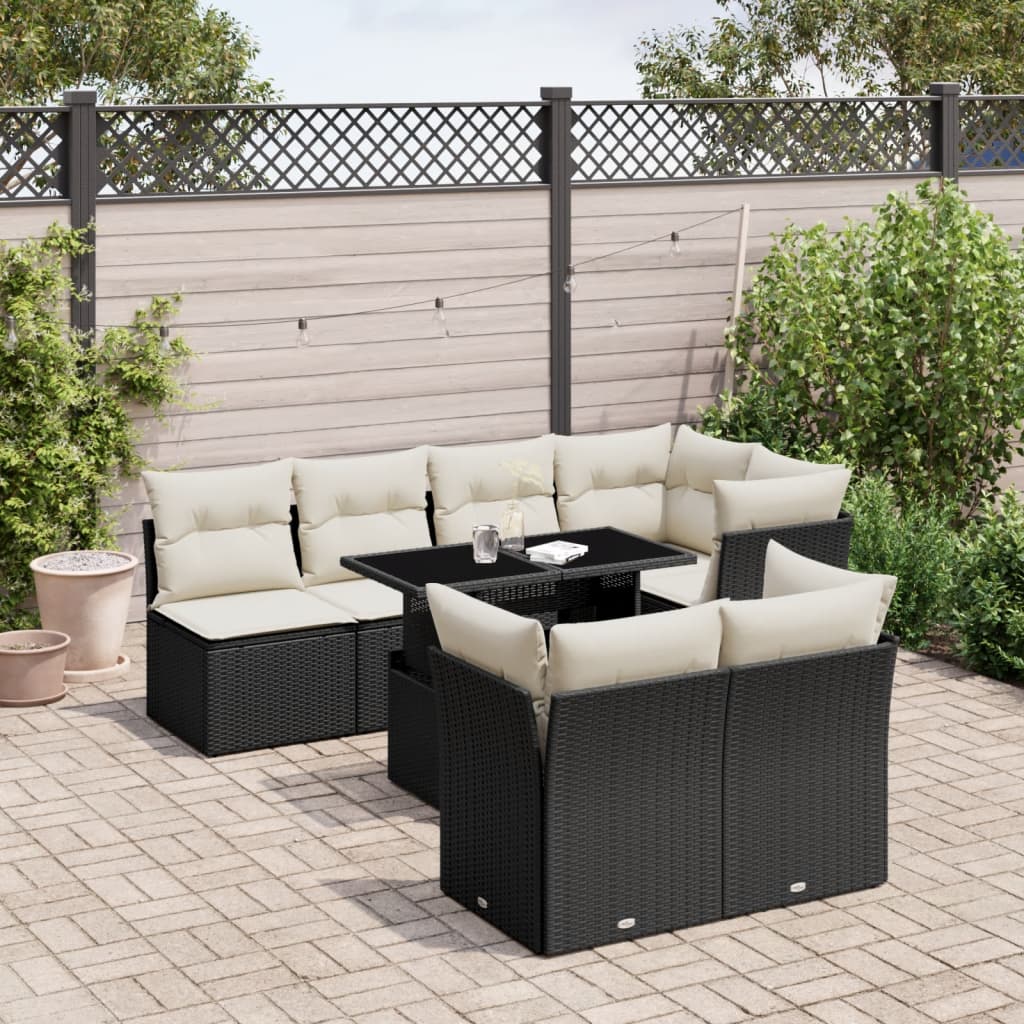 8-delige Loungeset met kussens poly rattan zwart