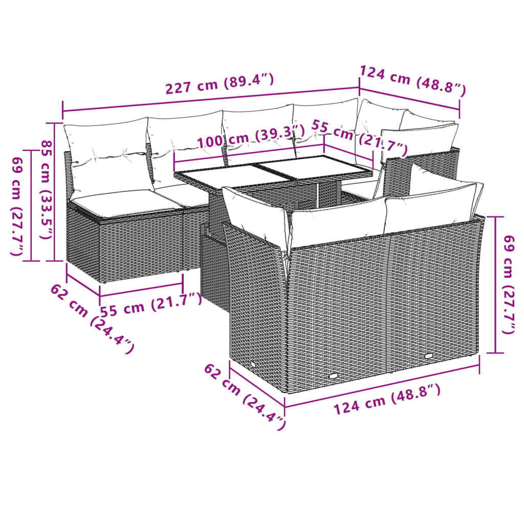 8-delige Loungeset met kussens poly rattan bruin