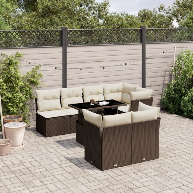 8-delige Loungeset met kussens poly rattan bruin