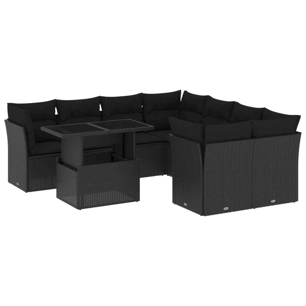 9-delige Loungeset met kussens poly rattan zwart