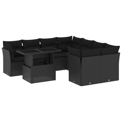 9-delige Loungeset met kussens poly rattan zwart