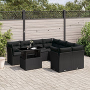 9-piece lounge set with cushions poly rattan black